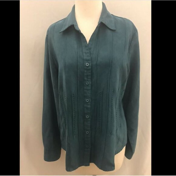 KIM ROGERS Shirt faux suede PinTucks Bust 44 button down shirt WASHABLE 0X. B74 - Picture 1 of 8